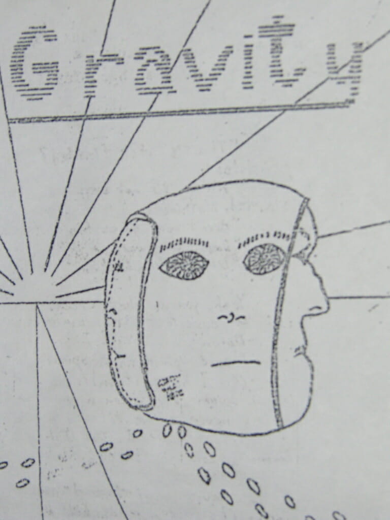 A head with 3 faces on a road at sunset, or is it sunrise? Drawing