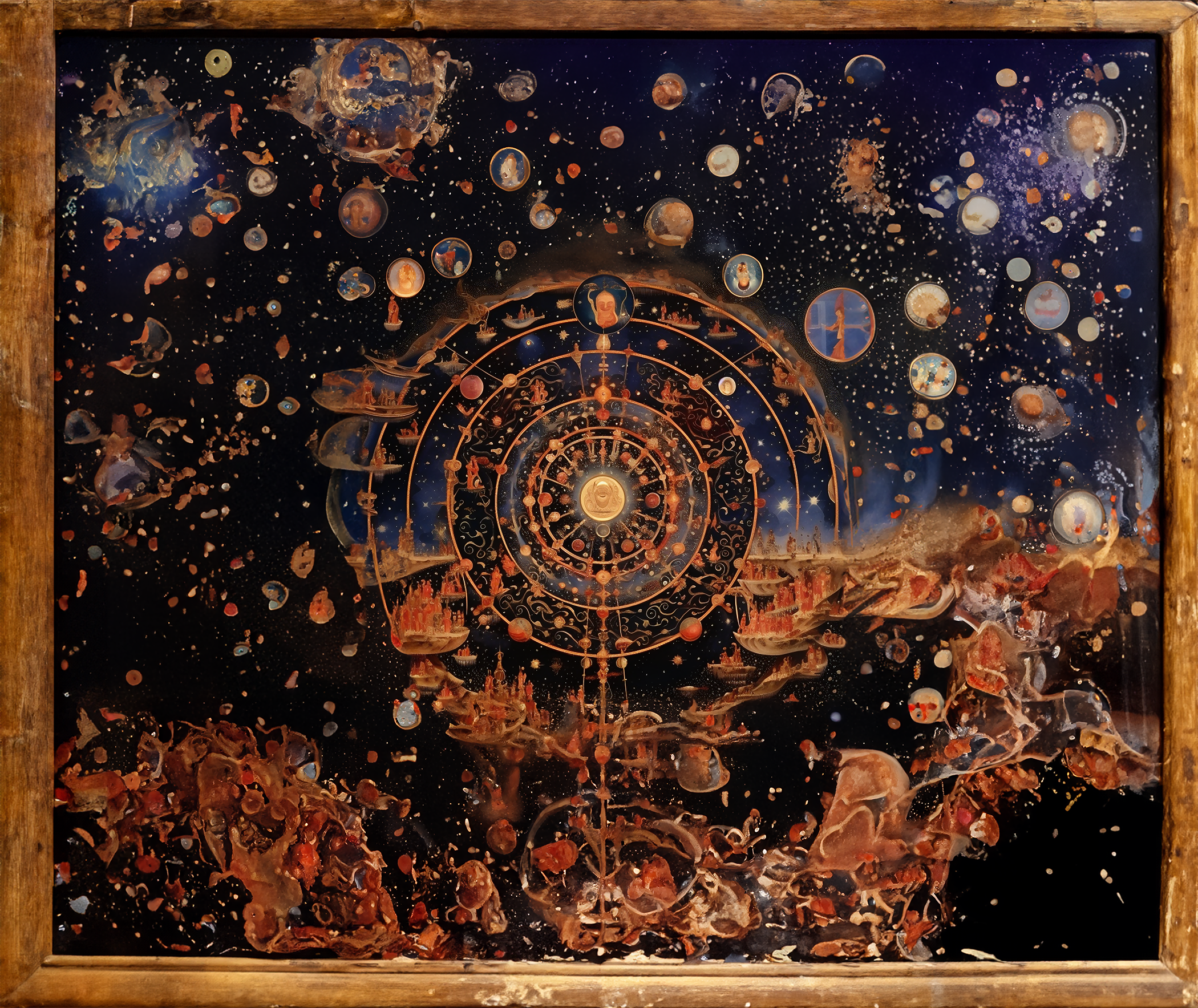 A picture of a painting, perhaps mixed media depicting a medieval depiction of the Jeweled Web of Indra, in space, the painting canvas is inside a wooden frame. An AI Generated image.