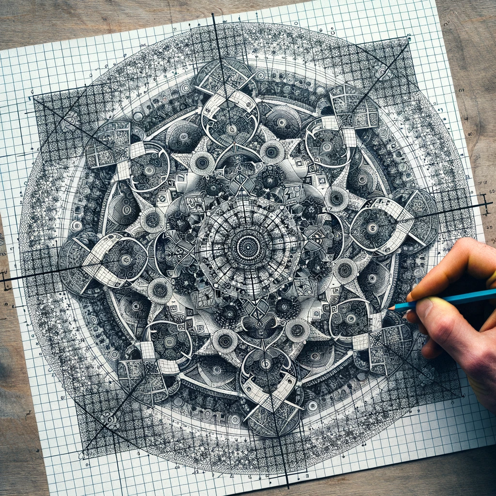 A person drawing a mandala on a piece of paper.