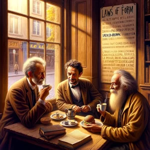 AI drawing of Three men in a coffeeshop, "Laws of Form" posted on the wall behind them.
